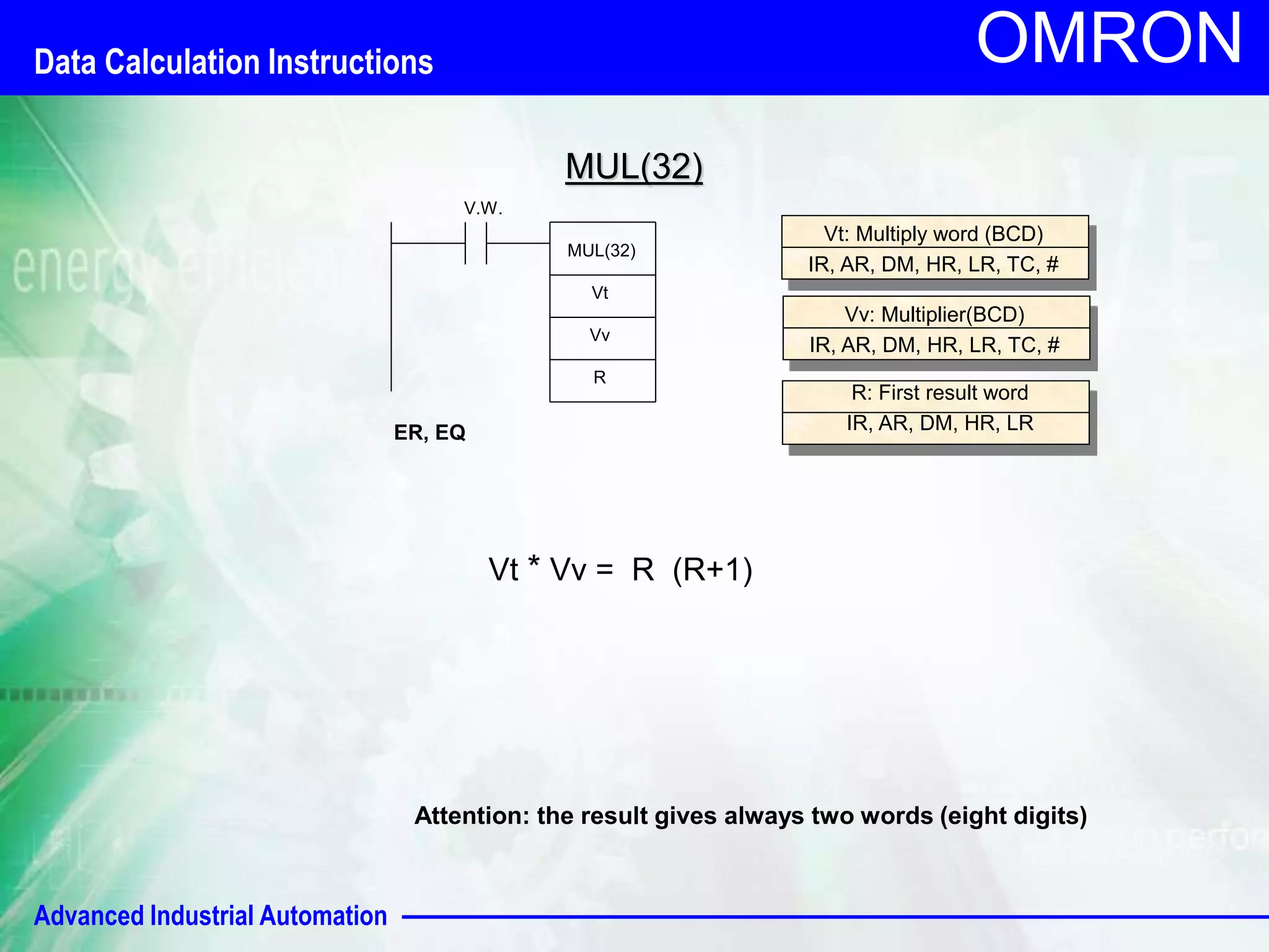 Data Calculation Instructions 
Advanced Industrial Automation 
OMRON 
V.W. 
MUL(32) 
Vt 
ER, EQ 
Vv 
Vt: Multiply word (BCD) 
IR, AR, DM, HR, LR, TC, # 
Vv: Multiplier(BCD) 
IR, AR, DM, HR, LR, TC, # 
R 
R: First result word 
IR, AR, DM, HR, LR 
MUL(32) 
Vt * Vv = R (R+1) 
Attention: the result gives always two words (eight digits) 
 
