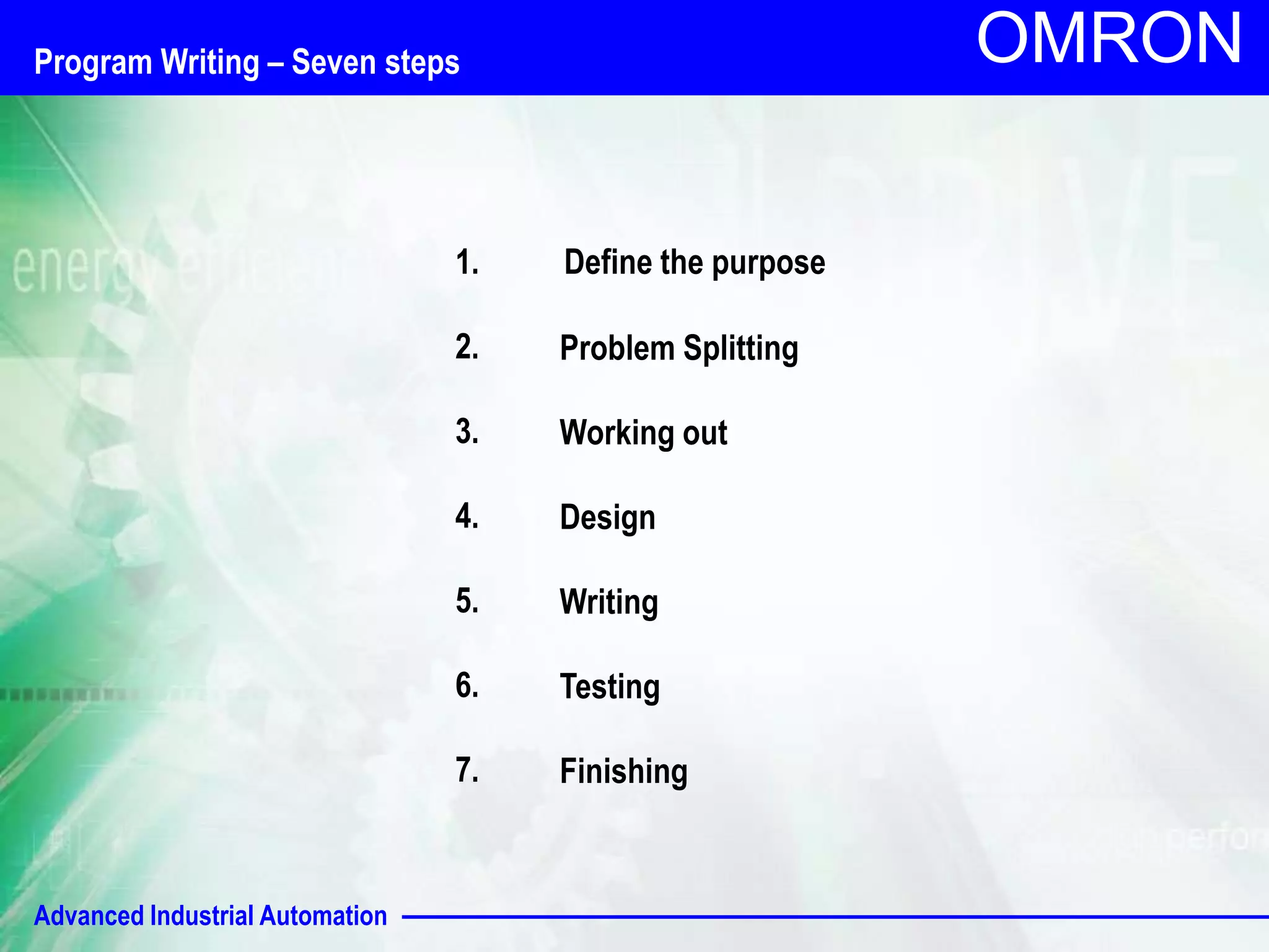 Advanced Industrial Automation 
OMRON 
1. 
2. 
3. 
4. 
5. 
6. 
7. 
Define the purpose 
Problem Splitting 
Working out 
Design 
Writing 
Testing 
Finishing 
Program Writing – Seven steps 
 