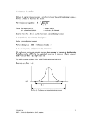 C 2
Cálculo do sigma real do processo: é o melhor indicador da variabilidade do processo, e
fornece a média da dispersão dos dados.
Fórmula do desvio padrão: = (xi - X)
n - 1
Onde: S = desvio padrão X = valor médio
xi = valores individuais n = número de valores
Quanto menor for o desvio padrão maior será a precisão do processo.
C ):*)-* & D. ( & ! 1. !
Indica a precisão do processo.
Número de sigmas = (LSE - média especificada) /
C % * & ) 5 ) & & & 5( ) !!
Só analisamos processos estáveis, ou seja, tem uma curva normal de distribuição.
Relação entre Cp e CPK: Cp é a capacidade potencial do processo e Cpk é a capaci-
dade real, quer dizer o que o processo faz.
Cp avalia quantas vezes a curva está contida dentro da tolerância.
Exemplo com Cp 1,33
LIE 6 LSE
8
Gráfico 6 - Avaliação da capacidade do processo
17
 