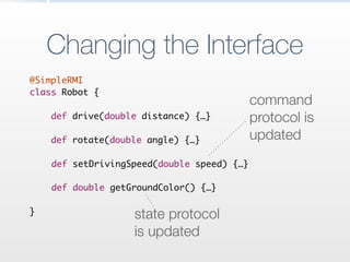 Changing the Interface
@SimpleRMI	
class Robot {	
!
def drive(double distance) {…}	
!
def rotate(double angle) {…}	
!
!
!
!
!
}
def setDrivingSpeed(double speed) {…}
def double getGroundColor() {…}
command
protocol is
updated
state protocol
is updated
 
