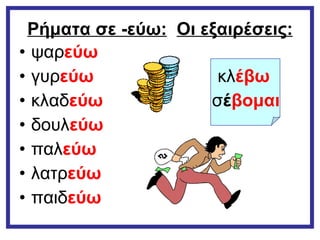 Ρήματα σε -εύω:   Οι εξαιρέσεις: ψαρ εύω γυρ εύω   κλ έβω κλαδ εύω   σ έ βομαι δουλ εύω παλ εύω λατρ εύω παιδ εύω   