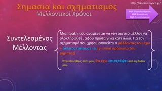 Σημασία και σχηματισμός Μέλ. Εξακολουθητικός
Μέλ. Συνοπτικός
Μέλ. Συντελεσμένος
Συντελεσμένος
Μέλλοντας
Μια πράξη που αναμένεται να γίνεται στο μέλλον να
ολοκληρωθεί , αφού πρώτα γίνει κάτι άλλο. Για τον
σχηματισμό του χρησιμοποιείται ο μέλλοντας του έχω
+ άκλιτος τύπος σε -ει (γ' ενικό πρόσωπο του
ρήματος)
Όταν θα έρθεις σπίτι μου, θα έχω επιστρέψει από τη βόλτα
μου.
http://skarkos.mysch.gr/
 