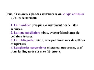 Donc, on classe les glandes salivaires selon le type cellulaire
qu'elles renferment :
1. La Parotide: presque exclusivement des cellules
séreuses.
2. La sous-maxillaire: mixte, avec prédominance de
cellules séreuses.
3. La sublinguale: mixte, avec prédominance de cellules
muqueuses.
4. Les glandes accessoires: mixtes ou muqueuses, sauf
pour les linguales dorsales (séreuses).

 