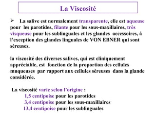 La Viscosité
 La salive est normalement transparente, elle est aqueuse
pour les parotides, filante pour les sous-maxillaires, très
visqueuse pour les sublinguales et les glandes accessoires, à
l’exception des glandes linguales de VON EBNER qui sont
séreuses.
la viscosité des diverses salives, qui est cliniquement
appréciable, est fonction de la proportion des cellules
muqueuses par rapport aux cellules séreuses dans la glande
considérée.
La viscosité varie selon l’origine :
1,5 centipoise pour les parotides
3,4 centipoise pour les sous-maxillaires
13,4 centipoise pour les sublinguales

 