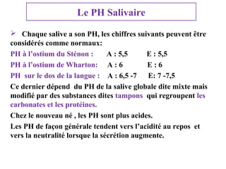 Le PH Salivaire
 Chaque salive a son PH, les chiffres suivants peuvent être
considérés comme normaux:
PH à l’ostium du Sténon :
A : 5,5
E : 5,5
PH à l’ostium de Wharton: A : 6
E:6
PH sur le dos de la langue : A : 6,5 -7
E: 7 -7,5
Ce dernier dépend du PH de la salive globale dite mixte mais
modifié par des substances dites tampons qui regroupent les
carbonates et les protéines.
Chez le nouveau né , les PH sont plus acides.
Les PH de façon générale tendent vers l’acidité au repos et
vers la neutralité lorsque la sécrétion augmente.

 