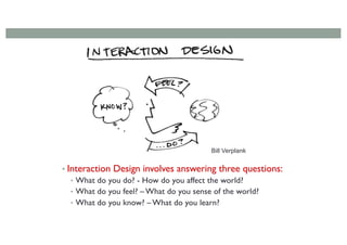 • Interaction Design involves answering three questions:
• What do you do? - How do you affect the world?
• What do you feel? – What do you sense of the world?
• What do you know? – What do you learn?
Bill Verplank
 