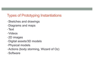 Types of Prototyping Instantiations
• Sketches and drawings
• Diagrams and maps
• Text
• Videos
• 2D images
• Digital assets/3D models
• Physical models
• Actions (body storming, Wizard of Oz)
• Software
 