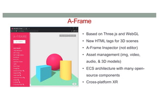 A-Frame
• Based on Three.js and WebGL
• New HTML tags for 3D scenes
• A-Frame Inspector (not editor)
• Asset management (img, video,
audio, & 3D models)
• ECS architecture with many open-
source components
• Cross-platform XR
 