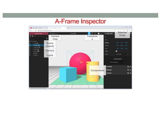 A-Frame Inspector
Lights
Camera
Scene
Objects
Transform
s
Selected
Entity
Components
Camera
View
 
