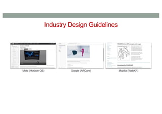 Industry Design Guidelines
Meta (Horizon OS) Google (ARCore) Mozilla (WebXR)
 