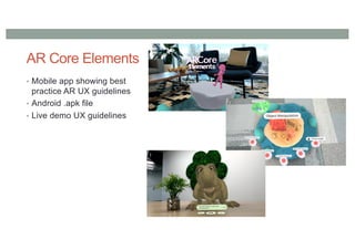 AR Core Elements
• Mobile app showing best
practice AR UX guidelines
• Android .apk file
• Live demo UX guidelines
 