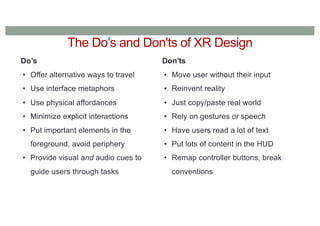 Do’s
• Offer alternative ways to travel
• Use interface metaphors
• Use physical affordances
• Minimize explicit interactions
• Put important elements in the
foreground, avoid periphery
• Provide visual and audio cues to
guide users through tasks
Don'ts
• Move user without their input
• Reinvent reality
• Just copy/paste real world
• Rely on gestures or speech
• Have users read a lot of text
• Put lots of content in the HUD
• Remap controller buttons, break
conventions
The Do’s and Don'ts of XR Design
 
