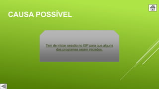 CAUSA POSSÍVEL
Tem de iniciar sessão no ISP para que alguns
dos programas sejam iniciados.
 
