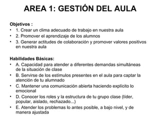 AREA 1: GESTIÓN DEL AULA 
Objetivos : 
• 1. Crear un clima adecuado de trabajo en nuestra aula 
• 2. Promover el aprendizaje de los alumnos 
• 3. Generar actitudes de colaboración y promover valores positivos 
en nuestra aula 
Habilidades Básicas: 
• A. Capacidad para atender a diferentes demandas simultáneas 
de la situación de clase 
• B. Servirse de los estímulos presentes en el aula para captar la 
atención de tu alumnado 
• C. Mantener una comunicación abierta haciendo explícito lo 
emocional 
• D. Conocer los roles y la estructura de tu grupo clase (líder, 
popular, aislado, rechazado...) 
• E. Atender los problemas lo antes posible, a bajo nivel, y de 
manera ajustada 
 