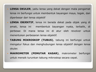    LENSA OKULER, yaitu lensa yang dekat dengan mata pengamat
    lensa ini berfungsi untuk membentuk bayangan maya, tegak, dan
    diperbesar dari lensa objektif
   LENSA OBJEKTIF, lensa ini berada dekat pada objek yang di
    amati, lensa ini        membentuk bayangan nyata, terbalik, di
    perbesar.   Di   mana    lensa   ini   di   atur    oleh   revolver   untuk
    menentukan perbesaran lensa objektif.
   TABUNG MIKROSKOP (TUBUS), tabung ini berfungsi untuk
    mengatur fokus dan menghubungan lensa objektif dengan lensa
    okuler.
   MAKROMETER (PEMUTAR KASAR),                        makrometer    berfungsi
    untuk menaik turunkan tabung mikroskop secara cepat.
 
