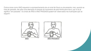 Outros sinais como ANO requerem o acompanhamento de um sinal de futuro ou de presente, mas, quando se
trata de passado, ele sofre uma alteração na direção do movimento de para frente para trás e, por si só já
significa "ano passado". Os sinais de ANO e ANO-PASSADO podem ser observados nas ilustrações que se
seguem:
 