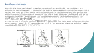 Quantificação e Intensidade
A quantificação é obtida em LIBRAS através do uso de quantificadores como MUITO, mas incorporar a
quantificação, prescindindo, pois, o uso desse tipo de palavras. Assim, podemos observar nos exemplos com o
verbo OLHAR acima que o olhar pontual é realizado com apenas um dedo estendido enquanto que os outros
dois sinais são realizados com as mãos abertas, ou seja, com os dedos estendidos. Dessa forma, esse tipo de
alteração do parâmentro Configuração de Mão iconicamente representa uma maior intensidade na ação
(FICAR-OLHANDO-LONGAMENTE) ou
um maior número de referentes sujeitos (TODOS-FICAR-OLHANDO). Essa mudança de configuração de mãos,
aumentando-se o número de dedos estendidos para significar uma quantidade maior pode ser ilustrado pelos
sinais UMA-VEZ, DUAS-VEZES, TRÊS-VEZES:
 