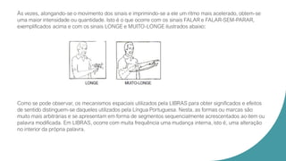 Às vezes, alongando-se o movimento dos sinais e imprimindo-se a ele um rítmo mais acelerado, obtem-se
uma maior intensidade ou quantidade. Isto é o que ocorre com os sinais FALAR e FALAR-SEM-PARAR,
exemplificados acima e com os sinais LONGE e MUITO-LONGE ilustrados abaixo:
Como se pode observar, os mecanismos espaciais utilizados pela LIBRAS para obter significados e efeitos
de sentido distinguem-se daqueles utilizados pela Língua Portuguesa. Nesta, as formas ou marcas são
muito mais arbitrárias e se apresentam em forma de segmentos sequencialmente acrescentados ao item ou
palavra modificada. Em LIBRAS, ocorre com muita frequência uma mudança interna, isto é, uma alteração
no interior da própria palavra.
 
