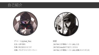 自己紹介
デコ・シ(@Ash_Yin)
氏名: 立原 愼也
所属: 株式会社ホロラボ
役職: プログラマ/リサーチャー
経歴
2017/04 大手電機メーカー(SE) 入社
2017/05 Unite2017で逆ナンされる
2017/06 大手...