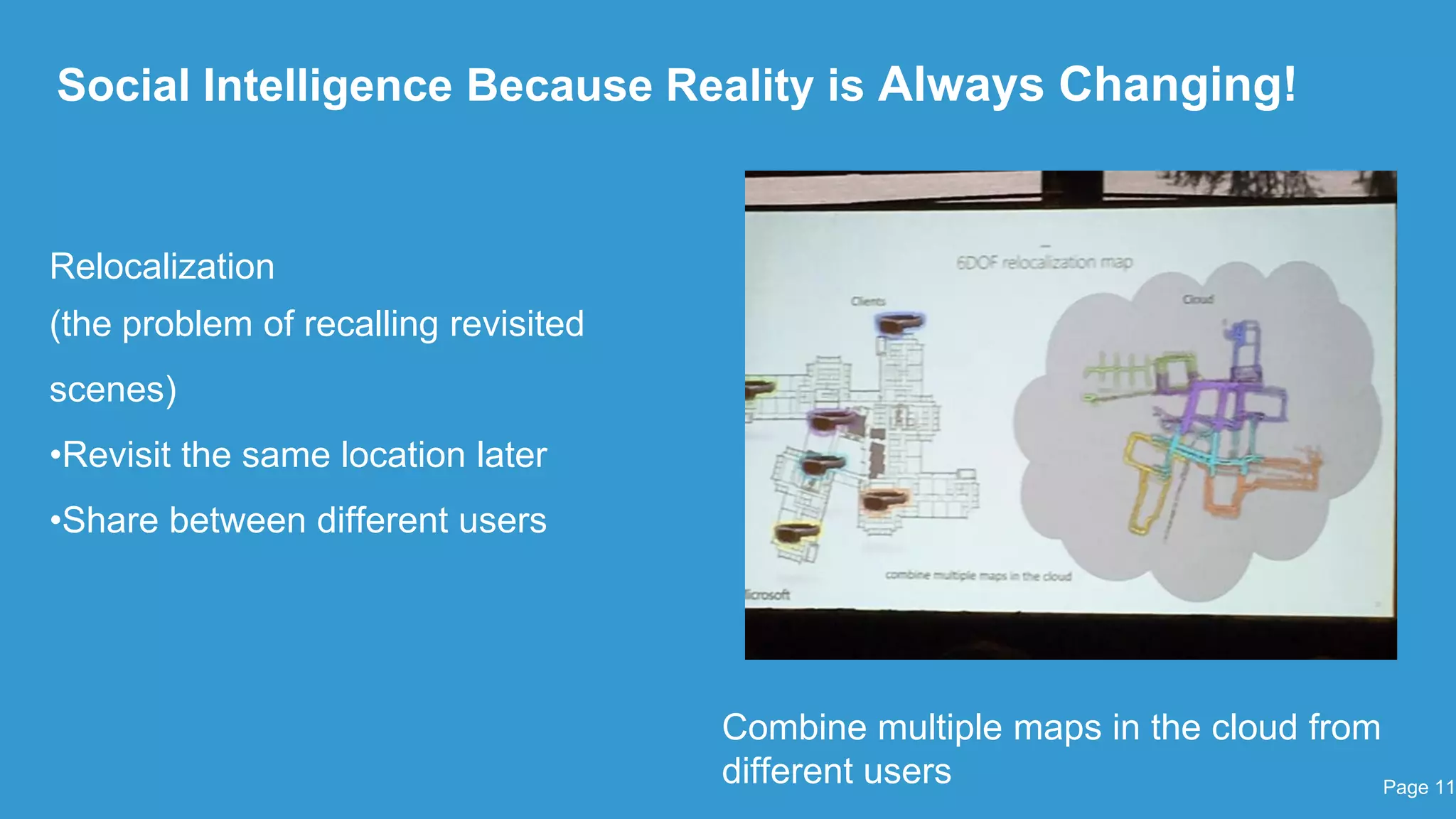Social Intelligence Because Reality is Always Changing!
Page 11
Relocalization
(the problem of recalling revisited
scenes)
•Revisit the same location later
•Share between different users
Combine multiple maps in the cloud from
different users
 