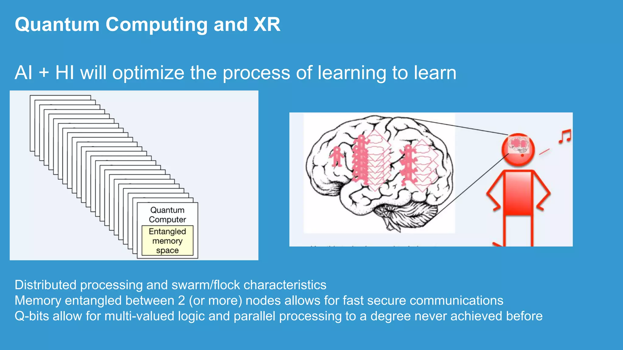 Distributed processing and swarm/flock characteristics
Memory entangled between 2 (or more) nodes allows for fast secure communications
Q-bits allow for multi-valued logic and parallel processing to a degree never achieved before
Quantum Computing and XR
AI + HI will optimize the process of learning to learn
 