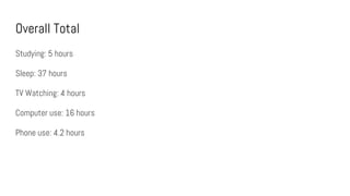 Overall Total
Studying: 5 hours
Sleep: 37 hours
TV Watching: 4 hours
Computer use: 16 hours
Phone use: 4.2 hours
 