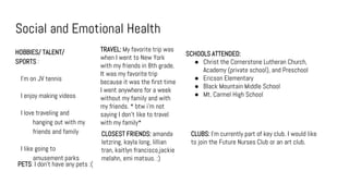 Social and Emotional Health
HOBBIES/ TALENT/
SPORTS :
I’m on JV tennis
I enjoy making videos
I love traveling and
hanging out with my
friends and family
I like going to
amusement parks
PETS: I don’t have any pets :(
TRAVEL: My favorite trip was
when I went to New York
with my friends in 8th grade.
It was my favorite trip
because it was the first time
I went anywhere for a week
without my family and with
my friends. * btw i’m not
saying I don’t like to travel
with my family*
CLOSEST FRIENDS: amanda
letzring, kayla long, lillian
tran, kaitlyn francisco,jackie
melahn, emi matsuo. :)
SCHOOLS ATTENDED:
● Christ the Cornerstone Lutheran Church,
Academy (private school), and Preschool
● Ericson Elementary
● Black Mountain Middle School
● Mt. Carmel High School
CLUBS: I’m currently part of key club. I would like
to join the Future Nurses Club or an art club.
 
