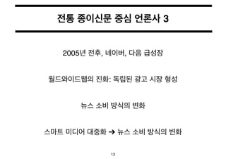 전통 종이신문 중심 언론사 3 
2005년 전후, 네이버, 다음 급성장 
월드와이드웹의 진화: 독립된 광고 시장 형성 
뉴스 소비 방식의 변화 
스마트 미디어 대중화 ➔ 뉴스 소비 방식의 변화 
13 
 