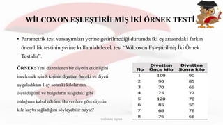 WİLCOXON EŞLEŞTİRİLMİŞ İKİ ÖRNEK TESTİ
• Parametrik test varsayımları yerine getirilmediği durumda iki eş arasındaki farkın
önemlilik testinin yerine kullanılabilecek test “Wilcoxon Eşleştirilmiş İki Örnek
Testidir”.
ÖRNEK: Yeni düzenlenen bir diyetin etkinliğini
incelemek için 8 kişinin diyetten önceki ve diyeti
uyguladıktan 1 ay sonraki kilolarının
ölçüldüğünü ve bulguların aşağıdaki gibi
olduğunu kabul edelim. Bu verilere göre diyetin
kilo kaybı sağladığını söyleyebilir miyiz?
DOĞUKAN TAŞTAN
 