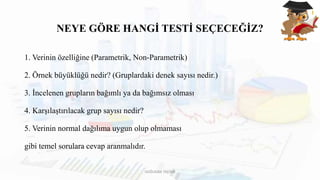 NEYE GÖRE HANGİ TESTİ SEÇECEĞİZ?
1. Verinin özelliğine (Parametrik, Non-Parametrik)
2. Örnek büyüklüğü nedir? (Gruplardaki denek sayısı nedir.)
3. İncelenen grupların bağımlı ya da bağımsız olması
4. Karşılaştırılacak grup sayısı nedir?
5. Verinin normal dağılıma uygun olup olmaması
gibi temel sorulara cevap aranmalıdır.
DOĞUKAN TAŞTAN
 