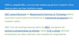 1958 La compañía BELL crea el primer módem que permite transmitir datos 
binarios sobre una línea telefónica simple. 
1961 Leonard Kleinrock del Massachusetts Institute of Technology pública 
una primera teoría sobre la utilización de la conmutación de paquetes para 
transferir datos. 
1962 nicio de investigaciones por parte de ARPA, una agencia del 
ministerio estadounidense de defensa, donde J.C.R. Licklider defiende 
exitosamente sus ideas relativas a una red global de computadoras. 
 