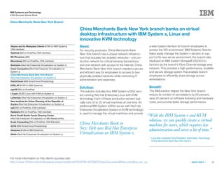10
IBM Systems and Technology
KVM Success Stories Book
« BACK | NEXT »
China Merchants Bank New York Branch
China Merchants Bank in
New York uses Red Hat Enterprise
Virtualization on IBM System x.
China Merchants Bank New York branch banks on virtual
desktop infrastructure with IBM System x, Linux and
innovative KVM technology
Need:
For security purposes, China Merchants Bank
New York branch has a unique network infrastruc-
ture that includes two isolated networks—one pro-
duction network for critical banking transactions
and one network with access to the Internet. China
Merchants Bank New York branch needed a secure
and efficient way for employees to access its two
physically isolated networks while minimizing IT
administration and expenses.
Solution:
The solution includes four IBM System x3550 serv-
ers running Red Hat Enterprise Linux with KVM
technology. Each of these production servers typi-
cally runs 18 to 20 virtual machines at one time. An
additional IBM System x3650 server with Red Hat
Enterprise Virtualization (based on KVM technology)
is used to manage the virtual machines and provide
a web-based interface for branch employees to
access the VDI environment. IBM Systems Director
helps easily manage the System x servers. In sup-
port of its new server environment, the branch also
deployed an IBM System Storage® DS3400 to
function as the branch’s Fibre Channel storage area
network. This provides a high-performance, scalable
and secure storage system that enables branch
employees to efficiently share storage across
workstations.
Benefit:
The IBM solution helped the New York branch
reduce its number of workstations by 50 percent,
save 20 percent on software licensing and hardware
costs, and provide faster storage performance.
For more information on this client’s success visit:
http://www-01.ibm.com/software/success/cssdb.nsf/CS/KFIN-927SAG?OpenDocumentSite=corpcty=en_us
“With the IBM System x and KVM
solution, we can quickly create a virtual
machine for users, which requires less
administration and saves a lot of time.”
—Long Ren, Assistant Vice President, Information Technology,
China Merchants Bank New York branch
Abyres and its Malaysian Clients (KVM on IBM Systems,
OVA member)
Alphinat (ISV on PureFlex, OVA member)
BG Phoenics (zBX)
Bloombase (ISV on PureFlex, OVA member)
Bonhams (Red Hat Enterprise Virtualization on System x)
Casio Computers (Red Hat Enterprise Virtualization on
System x)
China Merchants Bank New York Branch
(Red Hat Enterprise Virtualization on System x)
DutchCloud (IBM SmartCloud Provisioning)
EDELAP (KVM on IBM Systems)
eyeOS (ISV on PureFlex)
i-Layer (SUSE Linux with KVM on System x)
LetterGen (Red Hat Enterprise Virtualization on System x)
New Institute for Urban Planning of the Republic of
Srpska (Red Hat Enterprise Virtualization on System x)
op5 (ISV on PureFlex, OVA member)
Radware (ISV on PureFlex, OVA member)
Rural Credit Banks Funds Clearing Center
(Red Hat Enterprise Virtualization on IBM BladeCenter)
Scale Computing (ISV on PureFlex, OVA Member)
SLTN (IBM SmartCloud Provisioning)
Vissensa (KVM on IBM Systems)
Webb (Red Hat Enterprise Virtualization on System x)
 
