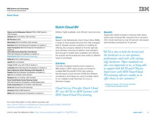 11
IBM Systems and Technology
KVM Success Stories Book
« BACK | NEXT »
Dutch Cloud
Cloud Service Provider Dutch Cloud
BV uses KVM on IBM Systems with
IBM SmartCloud Provisioning.
Dutch Cloud BV
Delivers highly available, cost-efficient cloud services
Need:
Based in the Netherlands, Dutch Cloud offers SMBs
a range of cloud-based services from fully managed
IaaS to disaster recovery solutions. In building its
offering, the company needed to find the right bal-
ance between ensuring its platform was standard-
ized enough to enable easy scalability, and offering
the specific technical features best suited to different
types of workloads.
Solution:
The fully virtualized infrastructure is based on
IBM System x3650 class servers connected to
multiple IBM Storwize® V7000 disk systems.
Kernel-based virtual machine (KVM) and VMware
virtualization technology are used to enable clients
to run multiple virtual machines on Linux or
Windows images.
Benefit:
Supported sixfold increase in revenue while opera-
tional costs remained flat; reduced time to provision
200 virtual machines by over 90 percent; decreased
administrative workload by 70 percent.
For more information on this client’s success visit:
http://www-01.ibm.com/software/success/cssdb.nsf/CS/SSAO-8S5SCW?
OpenDocumentSite=corpcty=en_us
Link to view the reference video: http://www.youtube.com/watch?v=7i8gTRF0zmY
“KVM is close to both the kernel and
the hardware so we can optimize
performance and work with cutting-
edge hardware. Open standards are
also very important to us, so being able
to support both KVM and VMware
hypervisors with IBM SmartCloud
Provisioning software enables us to
offer choice to our customers.”
—Martijn Van Zoeren, CEO of Dutch Cloud BV,
an IBM Premier Business Partner
Abyres and its Malaysian Clients (KVM on IBM Systems,
OVA member)
Alphinat (ISV on PureFlex, OVA member)
BG Phoenics (zBX)
Bloombase (ISV on PureFlex, OVA member)
Bonhams (Red Hat Enterprise Virtualization on System x)
Casio Computers (Red Hat Enterprise Virtualization on
System x)
China Merchants Bank New York Branch
(Red Hat Enterprise Virtualization on System x)
DutchCloud (IBM SmartCloud Provisioning)
EDELAP (KVM on IBM Systems)
eyeOS (ISV on PureFlex)
i-Layer (SUSE Linux with KVM on System x)
LetterGen (Red Hat Enterprise Virtualization on System x)
New Institute for Urban Planning of the Republic of
Srpska (Red Hat Enterprise Virtualization on System x)
op5 (ISV on PureFlex, OVA member)
Radware (ISV on PureFlex, OVA member)
Rural Credit Banks Funds Clearing Center
(Red Hat Enterprise Virtualization on IBM BladeCenter)
Scale Computing (ISV on PureFlex, OVA Member)
SLTN (IBM SmartCloud Provisioning)
Vissensa (KVM on IBM Systems)
Webb (Red Hat Enterprise Virtualization on System x)
 
