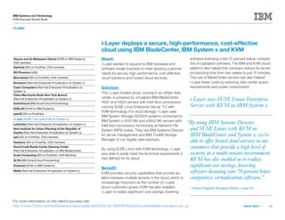 14
IBM Systems and Technology
KVM Success Stories Book
« BACK | NEXT »
i-Layer
i-Layer uses SUSE Linux Enterprise
Server with KVM on IBM System x
Need:
i-Layer wanted to expand its IBM hardware and
software resale business to meet growing customer
needs for secure, high-performance, cost-effective
cloud solutions and hosted cloud services.
Solution:
The i-Layer hosted cloud, running in an offsite data
center, is powered by virtualized IBM BladeCenter
HS21 and HS23 servers with Intel Xeon processors
running SUSE Linux Enterprise Server 11.2 with
KVM technology. For cloud storage, i-Layer uses
IBM System Storage DS3000 systems connected to
IBM System x 3550 M4 and x3650 M4 servers with
Intel Xeon processors functioning as Network File
System (NFS) nodes. They use IBM Systems Director
for server management and IBM Tivoli® Storage
Manager to run regular data backups.
By using SUSE Linux with KVM technology, i-Layer
was able to easily meet the technical requirements it
had defined for its cloud.
Benefit:
KVM provides security capabilities that provide iso-
lation between multiple tenants in the cloud, which is
increasingly important as the number of i-Layer
cloud customers grows. KVM has also enabled
i-Layer to realize significant cost savings, lowering
i-Layer deploys a secure, high-performance, cost-effective
cloud using IBM BladeCenter, IBM System x and KVM
software-licensing costs 70 percent below competi-
tive virtualization software. The IBM and KVM cloud
platform also helped the company reduce its server-
provisioning time from two weeks to just 15 minutes.
The use of BladeCenter servers has also helped
i-Layer lower costs by reducing data-center space
requirements and power consumption.
For more information on this client’s success visit:
http://www-01.ibm.com/software/success/cssdb.nsf/CS/DLAS-92XPPA?OpenDocumentSite=corpcty=en_us
Abyres and its Malaysian Clients (KVM on IBM Systems,
OVA member)
Alphinat (ISV on PureFlex, OVA member)
BG Phoenics (zBX)
Bloombase (ISV on PureFlex, OVA member)
Bonhams (Red Hat Enterprise Virtualization on System x)
Casio Computers (Red Hat Enterprise Virtualization on
System x)
China Merchants Bank New York Branch
(Red Hat Enterprise Virtualization on System x)
DutchCloud (IBM SmartCloud Provisioning)
EDELAP (KVM on IBM Systems)
eyeOS (ISV on PureFlex)
i-Layer (SUSE Linux with KVM on System x)
LetterGen (Red Hat Enterprise Virtualization on System x)
New Institute for Urban Planning of the Republic of
Srpska (Red Hat Enterprise Virtualization on System x)
op5 (ISV on PureFlex, OVA member)
Radware (ISV on PureFlex, OVA member)
Rural Credit Banks Funds Clearing Center
(Red Hat Enterprise Virtualization on IBM BladeCenter)
Scale Computing (ISV on PureFlex, OVA Member)
SLTN (IBM SmartCloud Provisioning)
Vissensa (KVM on IBM Systems)
Webb (Red Hat Enterprise Virtualization on System x)
“By using IBM Systems Director
and SUSE Linux with KVM on
IBM BladeCenter and System x, we’re
able to offer hosted cloud services to our
customers that provide a high level of
security in a multi-tenant environment.
KVM has also enabled us to realize
significant cost savings, lowering
software-licensing costs 70 percent below
competitive virtualization software.”
—Patrick Fitzgerald, Managing Director, i-Layer Ltd
 