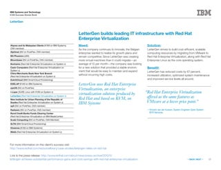 15
IBM Systems and Technology
KVM Success Stories Book
« BACK | NEXT »
LetterGen
LetterGen uses Red Hat Enterprise
Virtualization, an enterprise
virtualization solution produced by
Red Hat and based on KVM, on
IBM Systems
LetterGen builds leading IT infrastructure with Red Hat
Enterprise Virtualization
Need:
As the company continues to innovate, the Belgian
enterprise wanted to realize its growth plans and
remain competitive. Since LetterGen was creating
more virtual machines than it could migrate—an
average of 10 per month—the company was looking
for a new solution that provided a stable environ-
ment that would be easy to maintain and expand
without incurring high costs.
Solution:
LetterGen strives to build cost-efficient, scalable
computing resources by migrating from VMware to
Red Hat Enterprise Virtualization, along with Red Hat
Enterprise Linux as the core operating system.
Benefit:
LetterGen has reduced costs by 67 percent,
increased utilization, optimized system maintenance
and improved service levels all around.
For more information on this client’s success visit:
http://www.redhat.com/resourcelibrary/case-studies/lettergen-relies-on-red-hat
Link to the press release: http://www.redhat.com/about/news/press-archive/2012/5/
lettergen-achieves-substantial-performance-gains-and-cost-savings-with-red-hat-enterprise-virtualization
“Red Hat Enterprise Virtualization
offered us the same features as
VMware at a lower price point.”
—Vincent van der Kussen, System Engineer Open System
BTR Services
Abyres and its Malaysian Clients (KVM on IBM Systems,
OVA member)
Alphinat (ISV on PureFlex, OVA member)
BG Phoenics (zBX)
Bloombase (ISV on PureFlex, OVA member)
Bonhams (Red Hat Enterprise Virtualization on System x)
Casio Computers (Red Hat Enterprise Virtualization on
System x)
China Merchants Bank New York Branch
(Red Hat Enterprise Virtualization on System x)
DutchCloud (IBM SmartCloud Provisioning)
EDELAP (KVM on IBM Systems)
eyeOS (ISV on PureFlex)
i-Layer (SUSE Linux with KVM on System x)
LetterGen (Red Hat Enterprise Virtualization on System x)
New Institute for Urban Planning of the Republic of
Srpska (Red Hat Enterprise Virtualization on System x)
op5 (ISV on PureFlex, OVA member)
Radware (ISV on PureFlex, OVA member)
Rural Credit Banks Funds Clearing Center
(Red Hat Enterprise Virtualization on IBM BladeCenter)
Scale Computing (ISV on PureFlex, OVA Member)
SLTN (IBM SmartCloud Provisioning)
Vissensa (KVM on IBM Systems)
Webb (Red Hat Enterprise Virtualization on System x)
 