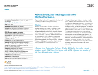 5
IBM Systems and Technology
KVM Success Stories Book
« BACK | NEXT »
Alphinat
Alphinat is an Independent Software Vendor (ISV) that has built a virtual
appliance on the IBM PureFlex System with KVM. Alphinat is a member of
the Open Virtualization Alliance.
Alphinat SmartGuide virtual appliance on the
IBM PureFlex System
Rapid deployment of online application development
capability on a flexible, integrated system
Solution:
Alphinat SmartGuide is an online application-
development tool that makes it possible to build
web-driven applications rapidly. This ultra-fast
development speed is important for many reasons,
not the least of which is the rate at which cloud-
based computing is growing. IBM developed a new
service capability which helps ISVs prepackage
applications into virtual images and appliances,
easily deployable into cloud environments. Together
Alphinat and IBM performed a first-of-a-kind initia-
tive to package and automate SmartGuide.
KVM provides an open platform for cloud enable-
ment. IBM and Alphinat are members of the Open
Virtualization Alliance, a consortium that fosters the
adoption of open virtualization technologies includ-
ing kernel-based virtual machine (KVM) and encour-
ages interoperability and accelerates expansion of
the ecosystem of third party solutions around KVM.
This alliance complements other open-source
communities that manage the development of the
kernel-based virtual machine Hypervisor and its
associated management capabilities for Linux and
Microsoft Windows applications. KVM virtualization
appealed to Alphinat because of its compelling
performance, scalability and security, which makes
it ideal for deployments to large-scale cloud
computing.
Link to view the full solution brief:
http://www.ibm.com/common/ssi/cgi-bin/ssialias?subtype=SP&infotype=PM&appname=STGE_WA_AB_USEN&
htmlfid=WAS12354USEN&attachment=WAS12354USEN.PDF
Link to view the reference video: http://www.youtube.com/watch?v=zp8PCWDSAZ8
Abyres and its Malaysian Clients (KVM on IBM Systems,
OVA member)
Alphinat (ISV on PureFlex, OVA member)
BG Phoenics (zBX)
Bloombase (ISV on PureFlex, OVA member)
Bonhams (Red Hat Enterprise Virtualization on System x)
Casio Computers (Red Hat Enterprise Virtualization on
System x)
China Merchants Bank New York Branch
(Red Hat Enterprise Virtualization on System x)
DutchCloud (IBM SmartCloud Provisioning)
EDELAP (KVM on IBM Systems)
eyeOS (ISV on PureFlex)
i-Layer (SUSE Linux with KVM on System x)
LetterGen (Red Hat Enterprise Virtualization on System x)
New Institute for Urban Planning of the Republic of
Srpska (Red Hat Enterprise Virtualization on System x)
op5 (ISV on PureFlex, OVA member)
Radware (ISV on PureFlex, OVA member)
Rural Credit Banks Funds Clearing Center
(Red Hat Enterprise Virtualization on IBM BladeCenter)
Scale Computing (ISV on PureFlex, OVA Member)
SLTN (IBM SmartCloud Provisioning)
Vissensa (KVM on IBM Systems)
Webb (Red Hat Enterprise Virtualization on System x)
 