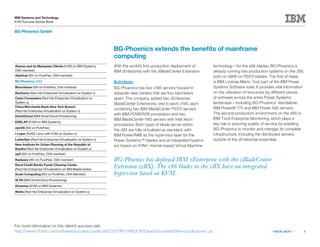 6
IBM Systems and Technology
KVM Success Stories Book
« BACK | NEXT »
BG-Phoenics GmbH
BG-Phoenics extends the benefits of mainframe
computing
BG-Phoenics has deployed IBM zEnterprise with the zBladeCenter
Extension (zBX). The x86 blades in the zBX have an integrated
hypervisor based on KVM.
With the world’s first production deployment of
IBM zEnterprise with the zBladeCenter Extension
Solution:
BG-Phoenics has two z196 servers housed in
separate data centers that are four kilometers
apart. The company added two zEnterprise
BladeCenter Extensions, one to each z196, each
containing two IBM BladeCenter PS701 servers
with IBM POWER7® processors and two
IBM BladeCenter HX5 servers with Intel Xeon
processors. Both types of blade server within
the zBX are fully virtualized as standard, with
IBM PowerVM® as the hypervisor layer for the
Power Systems™ blades and an integrated hypervi-
sor based on KVM—Kernel-based Virtual Machine
technology—for the x86 blades. BG-Phoenics is
already running two production systems on the zBX,
both on AIX® on PS701 blades. The first of these
is IBM License Metric Tool, part of the IBM Power
Systems Software suite. It provides vital information
on the utilization of resources by different pieces
of software across the entire Power Systems
landscape—including BG-Phoenics’ standalone
IBM Power® 770 and IBM Power 595 servers.
The second production environment on the zBX is
IBM Tivoli Enterprise Monitoring, which plays a
key role in assuring quality of service by enabling
BG-Phoenics to monitor and manage its complete
infrastructure, including the distributed servers
outside of the zEnterprise ensemble.
For more information on this client’s success visit:
http://www-01.ibm.com/software/success/cssdb.nsf/CS/STRD-8PBJCA?OpenDocument&Site=corp&cty=en_us
Abyres and its Malaysian Clients (KVM on IBM Systems,
OVA member)
Alphinat (ISV on PureFlex, OVA member)
BG Phoenics (zBX)
Bloombase (ISV on PureFlex, OVA member)
Bonhams (Red Hat Enterprise Virtualization on System x)
Casio Computers (Red Hat Enterprise Virtualization on
System x)
China Merchants Bank New York Branch
(Red Hat Enterprise Virtualization on System x)
DutchCloud (IBM SmartCloud Provisioning)
EDELAP (KVM on IBM Systems)
eyeOS (ISV on PureFlex)
i-Layer (SUSE Linux with KVM on System x)
LetterGen (Red Hat Enterprise Virtualization on System x)
New Institute for Urban Planning of the Republic of
Srpska (Red Hat Enterprise Virtualization on System x)
op5 (ISV on PureFlex, OVA member)
Radware (ISV on PureFlex, OVA member)
Rural Credit Banks Funds Clearing Center
(Red Hat Enterprise Virtualization on IBM BladeCenter)
Scale Computing (ISV on PureFlex, OVA Member)
SLTN (IBM SmartCloud Provisioning)
Vissensa (KVM on IBM Systems)
Webb (Red Hat Enterprise Virtualization on System x)
 