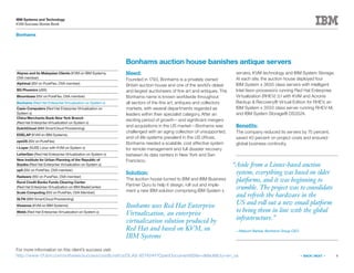 8
IBM Systems and Technology
KVM Success Stories Book
« BACK | NEXT »
Bonhams
Bonhams uses Red Hat Enterprise
Virtualization, an enterprise
virtualization solution produced by
Red Hat and based on KVM, on
IBM Systems
Bonhams auction house banishes antique servers
Need:
Founded in 1793, Bonhams is a privately owned
British auction house and one of the world’s oldest
and largest auctioneers of fine art and antiques. The
Bonhams name is known worldwide throughout
all sectors of the fine art, antiques and collectors
markets, with several departments regarded as
leaders within their specialist category. After an
exciting period of growth—and significant mergers
and acquisitions in the US market—Bonhams was
challenged with an aging collection of unsupported,
end-of-life systems prevalent in the US offices.
Bonhams needed a scalable, cost effective system
for remote management and full disaster recovery
between its data centers in New York and San
Francisco.
Solution:
The auction house turned to IBM and IBM Business
Partner Quru to help it design, roll out and imple-
ment a new IBM solution comprising IBM System x
servers, KVM technology and IBM System Storage.
At each site, the auction house deployed four
IBM System x 3650 class servers with intelligent
Intel Xeon processors running Red Hat Enterprise
Virtualization (RHEV) 3.1 with KVM and Acronis
Backup & Recovery® Virtual Edition for RHEV, an
IBM System x 3550 class server running RHEV-M,
and IBM System Storage® DS3524.
Benefits:
The company reduced its servers by 75 percent,
saved 40 percent on project costs and ensured
global business continuity.
For more information on this client’s success visit:
http://www-01.ibm.com/software/success/cssdb.nsf/cs/DLAS-95TKHH?OpenDocument&Site=default&cty=en_us
“Aside from a Linux-based auction
system, everything was based on older
platforms, and it was beginning to
crumble. The project was to consolidate
and refresh the hardware in the
US and roll out a new email platform
to bring them in line with the global
infrastructure.”
—Malcom Barber, Bonhams Group CEO
Abyres and its Malaysian Clients (KVM on IBM Systems,
OVA member)
Alphinat (ISV on PureFlex, OVA member)
BG Phoenics (zBX)
Bloombase (ISV on PureFlex, OVA member)
Bonhams (Red Hat Enterprise Virtualization on System x)
Casio Computers (Red Hat Enterprise Virtualization on
System x)
China Merchants Bank New York Branch
(Red Hat Enterprise Virtualization on System x)
DutchCloud (IBM SmartCloud Provisioning)
EDELAP (KVM on IBM Systems)
eyeOS (ISV on PureFlex)
i-Layer (SUSE Linux with KVM on System x)
LetterGen (Red Hat Enterprise Virtualization on System x)
New Institute for Urban Planning of the Republic of
Srpska (Red Hat Enterprise Virtualization on System x)
op5 (ISV on PureFlex, OVA member)
Radware (ISV on PureFlex, OVA member)
Rural Credit Banks Funds Clearing Center
(Red Hat Enterprise Virtualization on IBM BladeCenter)
Scale Computing (ISV on PureFlex, OVA Member)
SLTN (IBM SmartCloud Provisioning)
Vissensa (KVM on IBM Systems)
Webb (Red Hat Enterprise Virtualization on System x)
 