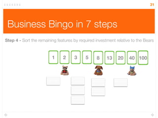 Business Bingo in 7 steps
31
Step 4 - Sort the remaining features by required investment relative to the Bears
1 2 3 5 8 13 20 40 100
 