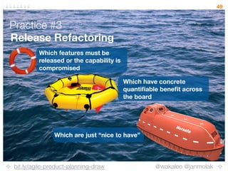 bit.ly/agile-product-planning-draw @wakaleo @janmolak
49
Release Refactoring
Practice #3
Which features must be
released or the capability is
compromised
Which have concrete
quantiﬁable beneﬁt across
the board
Which are just “nice to have”
 