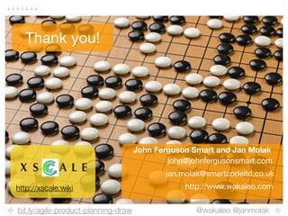 bit.ly/agile-product-planning-draw @wakaleo @janmolak
Thank you!
John Ferguson Smart and Jan Molak
john@johnfergusonsmart.com
http://www.wakaleo.com
X S A L E
http://xscale.wiki
jan.molak@smartcodeltd.co.uk
 