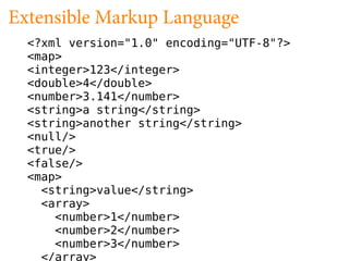 Extensible Markup Language
  <?xml version="1.0" encoding="UTF-8"?>
  <map>
  <integer>123</integer>
  <double>4</double>
  <number>3.141</number>
  <string>a string</string>
  <string>another string</string>
  <null/>
  <true/>
  <false/>
  <map>
    <string>value</string>
    <array>
      <number>1</number>
      <number>2</number>
      <number>3</number>
    </array>
 