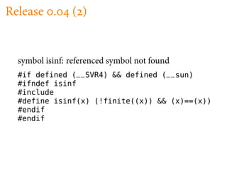 Release .       ( )


  symbol isinf: referenced symbol not found
  #if defined (__SVR4) && defined (__sun)
  #ifndef isinf
  #include
  #define isinf(x) (!finite((x)) && (x)==(x))
  #endif
  #endif
 