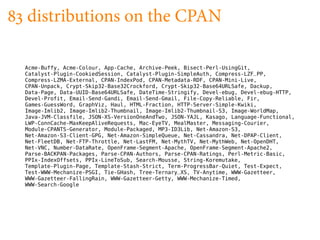 distributions on the CPAN

Acme-Buffy, Acme-Colour, App-Cache, Archive-Peek, Bisect-Perl-UsingGit,
Catalyst-Plugin-CookiedSession, Catalyst-Plugin-SimpleAuth, Compress-LZF_PP,
Compress-LZMA-External, CPAN-IndexPod, CPAN-Metadata-RDF, CPAN-Mini-Live,
CPAN-Unpack, Crypt-Skip32-Base32Crockford, Crypt-Skip32-Base64URLSafe, Dackup,
Data-Page, Data-UUID-Base64URLSafe, DateTime-Stringify, Devel-ebug, Devel-ebug-HTTP,
Devel-Profit, Email-Send-Gandi, Email-Send-Gmail, File-Copy-Reliable, Fir,
Games-GuessWord, GraphViz, Haul, HTML-Fraction, HTTP-Server-Simple-Kwiki,
Image-Imlib2, Image-Imlib2-Thumbnail, Image-Imlib2-Thumbnail-S3, Image-WorldMap,
Java-JVM-Classfile, JSON-XS-VersionOneAndTwo, JSON-YAJL, Kasago, Language-Functional,
LWP-ConnCache-MaxKeepAliveRequests, Mac-EyeTV, MealMaster, Messaging-Courier,
Module-CPANTS-Generator, Module-Packaged, MP3-ID3Lib, Net-Amazon-S3,
Net-Amazon-S3-Client-GPG, Net-Amazon-SimpleQueue, Net-Cassandra, Net-DPAP-Client,
Net-FleetDB, Net-FTP-Throttle, Net-LastFM, Net-MythTV, Net-MythWeb, Net-OpenDHT,
Net-VNC, Number-DataRate, OpenFrame-Segment-Apache, OpenFrame-Segment-Apache2,
Parse-BACKPAN-Packages, Parse-CPAN-Authors, Parse-CPAN-Ratings, Perl-Metric-Basic,
PPIx-IndexOffsets, PPIx-LineToSub, Search-Mousse, String-Koremutake,
Template-Plugin-Page, Template-Stash-Strict, Term-ProgressBar-Quiet, Test-Expect,
Test-WWW-Mechanize-PSGI, Tie-GHash, Tree-Ternary_XS, TV-Anytime, WWW-Gazetteer,
WWW-Gazetteer-FallingRain, WWW-Gazetteer-Getty, WWW-Mechanize-Timed,
WWW-Search-Google
 