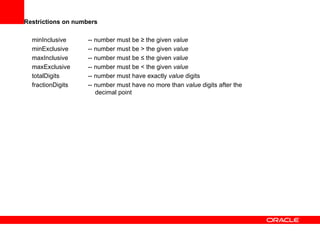 Restrictions on numbers   minInclusive  -- number must be ≥ the given  value minExclusive  -- number must be > the given  value maxInclusive  -- number must be ≤ the given  value maxExclusive  -- number must be < the given  value totalDigits  -- number must have exactly  value  digits fractionDigits  -- number must have no more than  value  digits after the      decimal point 