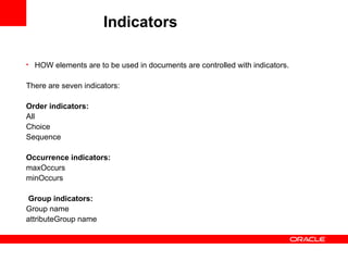 Indicators   HOW elements are to be used in documents are controlled with indicators. There are seven indicators: Order indicators: All  Choice  Sequence  Occurrence indicators: maxOccurs  minOccurs      Group indicators: Group name  attributeGroup name  