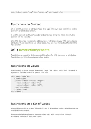 10.<xs:element name="indReporting"> 
11.<xs:simpleType> 
12.<xs:restriction base="xs:string"> 
13.<xs:enumeration value="Y"/> 
14.<xs:enumeration value="N"/> 
15.</xs:restriction> 
16.</xs:simpleType> 
17.</xs:element> 
18.<xs:element name="description"> 
19.<xs:simpleType> 
20.<xs:restriction base="xs:string"/> 
21.</xs:simpleType> 
22.</xs:element> 
23.<xs:element name="sourceSystem"> 
24.<xs:simpleType> 
25.<xs:restriction base="xs:string"> 
26.<xs:enumeration value="SYSTEM-X"/> 
27.<xs:enumeration value="OSB"/> 
28.<xs:enumeration value="NA"/> 
29.</xs:restriction> 
30.</xs:simpleType> 
31.</xs:element> 
32.<xs:element name="indLogging"> 
33.<xs:simpleType> 
34.<xs:restriction base="xs:string"> 
35.<xs:enumeration value="Y"/> 
36.<xs:enumeration value="N"/> 
37.</xs:restriction> 
38.</xs:simpleType> 
39.</xs:element> 
40.<xs:element name="faultTransformer"> 
41.<xs:simpleType> 
42.<xs:restriction base="xs:string"/> 
43.</xs:simpleType> 
44.</xs:element> 
45.<xs:element name="externalCode"> 
46.<xs:simpleType> 
47.<xs:restriction base="xs:string"> 
48.<xs:enumeration value="XXX_DEFAULT_ERROR"/> 
49.<xs:enumeration value="GENERIC-1234"/> 
50.<xs:enumeration value="VALIDATE-9999"/> 
51.</xs:restriction> 
52.</xs:simpleType> 
53.</xs:element> 
54.<xs:element name="error"> 
55.<xs:complexType> 
56.<xs:sequence> 
57.<xs:element ref="code"/> 
58.<xs:element ref="externalCode"/> 
59.<xs:element ref="description"/> 
60.<xs:element ref="sourceSystem"/> 
 