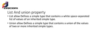 List And union property
• List allow Defines a simple type that contains a white space-separated
list of values of an inherited simple type.
• Union allow Defines a simple type that contains a union of the values
of two or more inherited simple types.
 