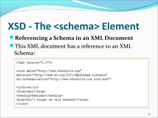 XSD - The <schema> Element
18
Referencing a Schema in an XML Document
This XML document has a reference to an XML
Schema:
 