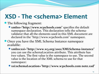 XSD - The <schema> Element
19
The following fragment:
xmlns="http://www.w3schools.com" specifies the default
namespace declaration. This declaration tells the schema-
validator that all the elements used in this XML document are
declared in the "http://www.w3schools.com" namespace.
Once you have the XML Schema Instance namespace
available:
xmlns:xsi="http://www.w3.org/2001/XMLSchema-instance"
you can use the schemaLocation attribute. This attribute has
two values. The first value is the namespace to use. The second
value is the location of the XML schema to use for that
namespace:
xsi:schemaLocation="http://www.w3schools.com note.xsd"
 
